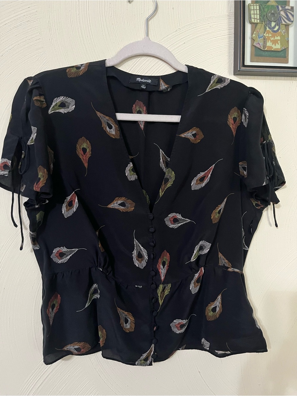 Madewell Silk Black Peplum Blouse with Multicolor Feather Print